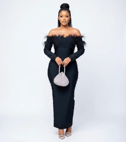 Long sleeve fluffy strapless long elegant dress