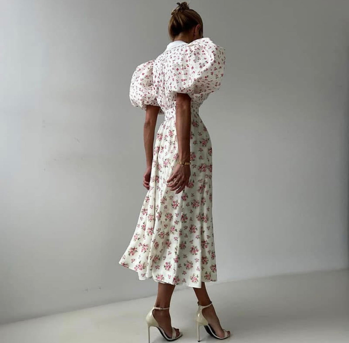 Multi colour floral mid sleeve flower long dress for women