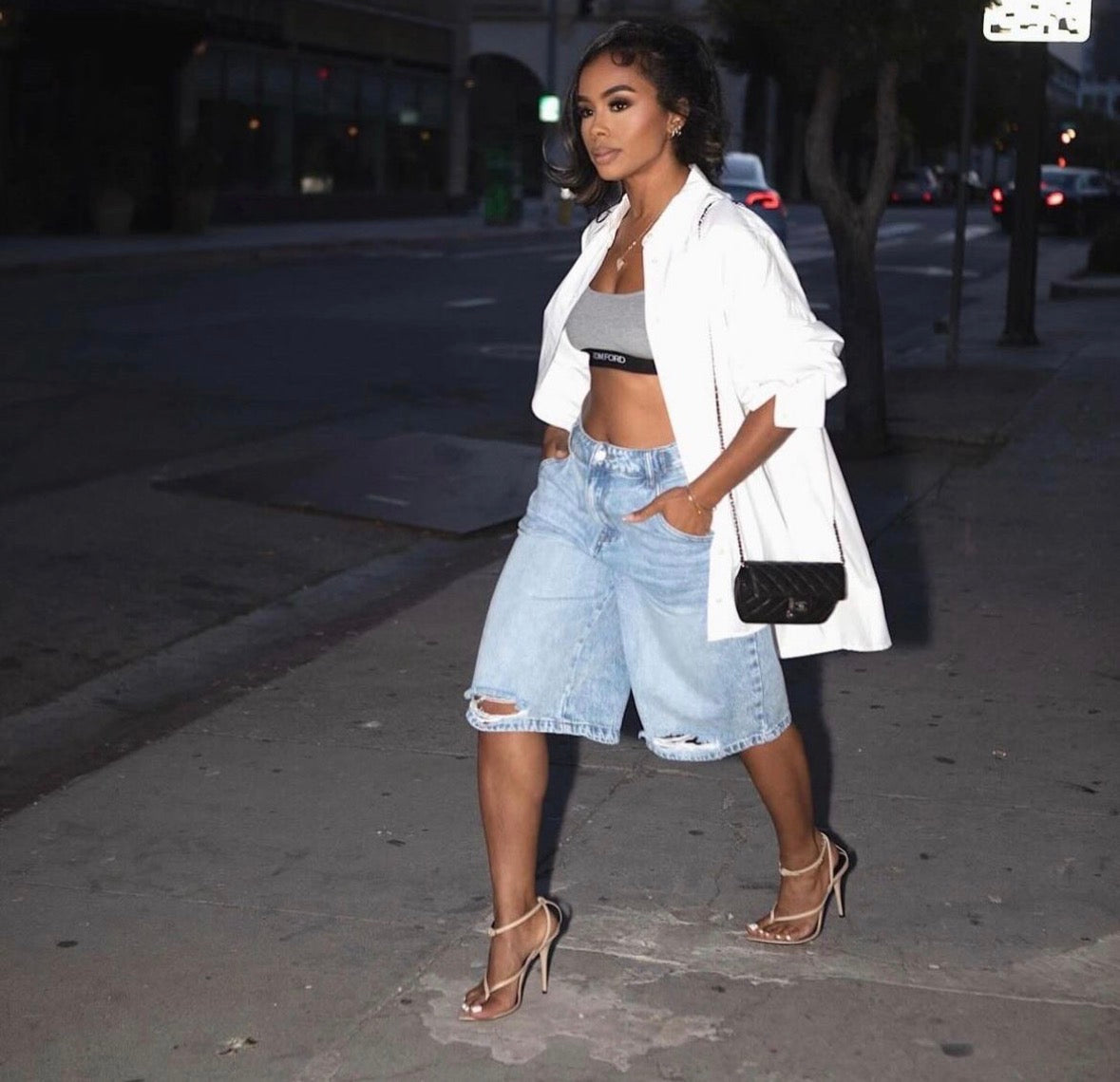 Light wash  blue ripped bottom denim jean jorts for women