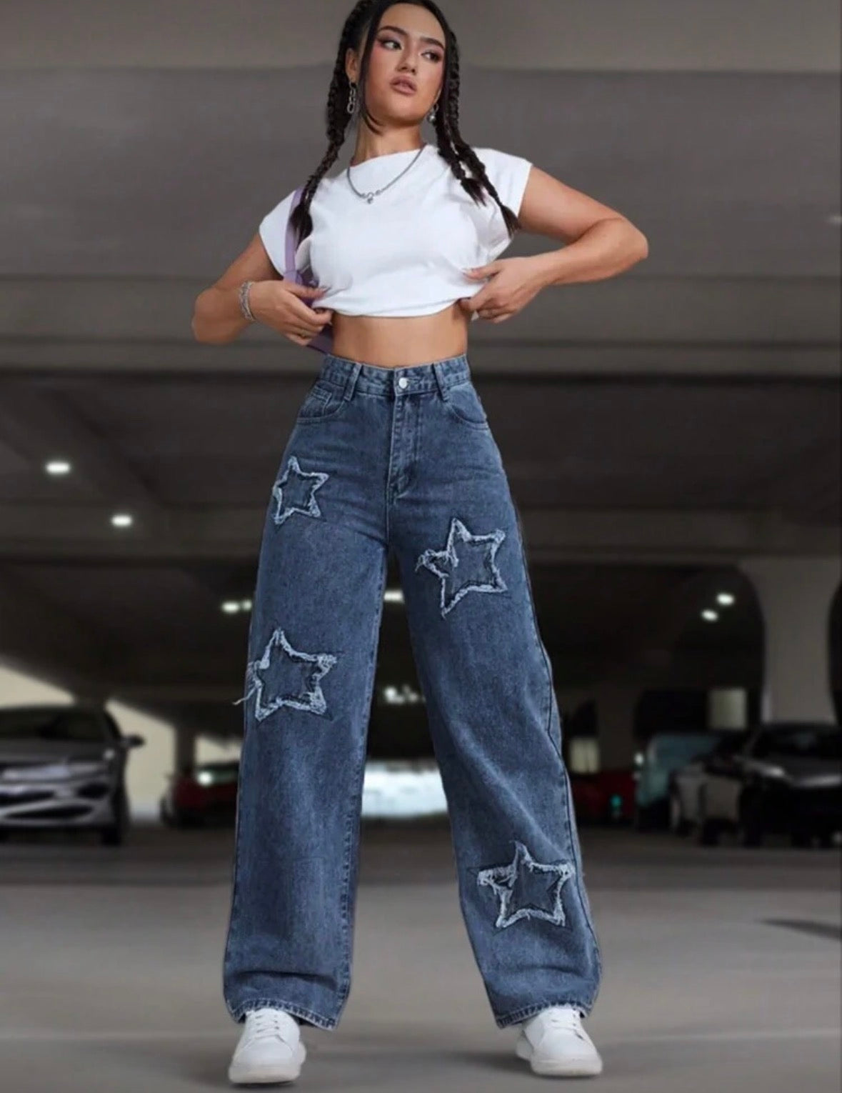 Women’s dark wash star design loose high waist jeans