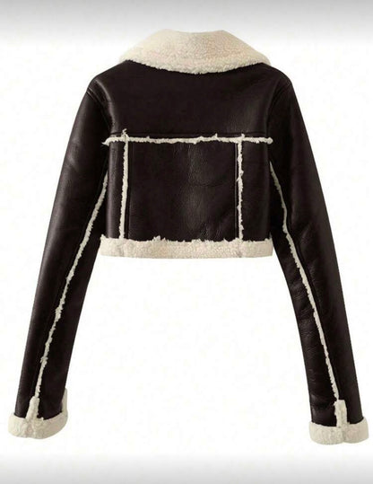 Women’s black fur cropped stylish outerwear winter jacket