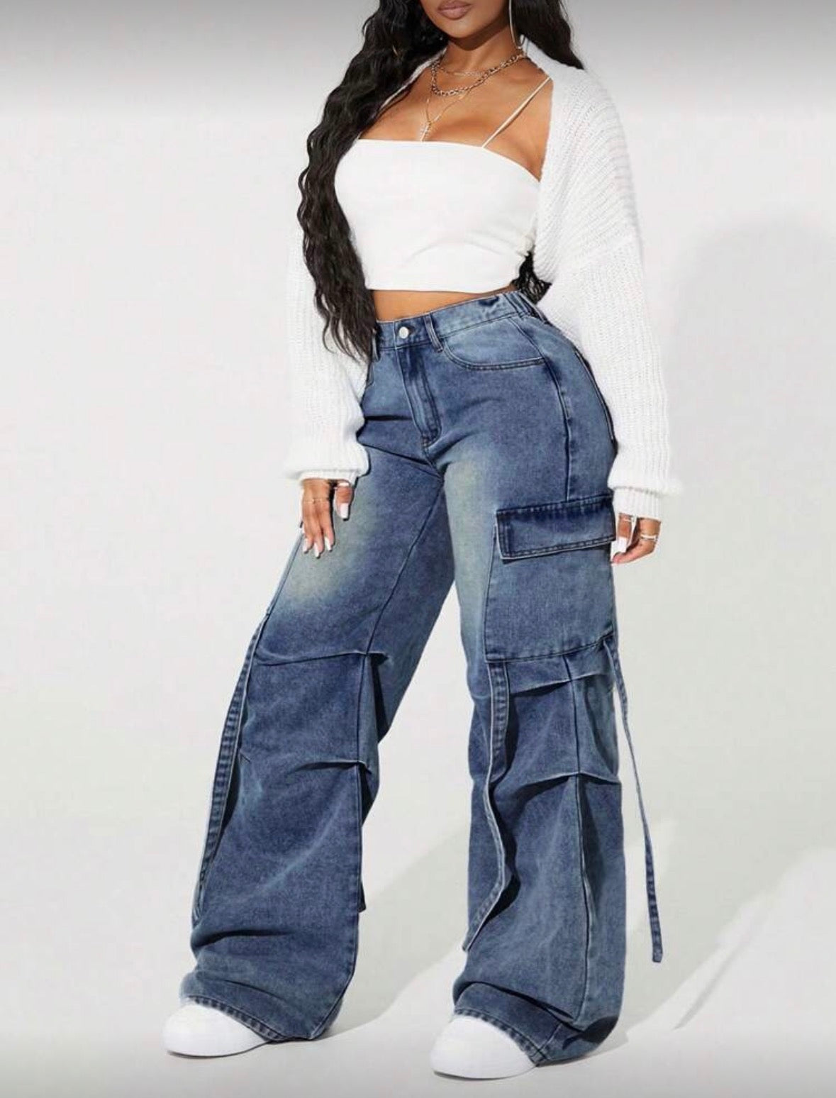 Dark wash faded multi pocket street style loose baggy jean cargos for women