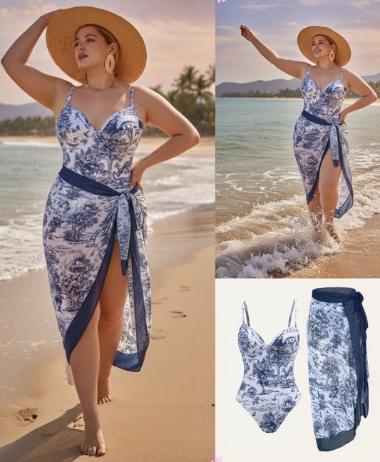 Navy blue 2 pc bathing suit top and long skirt for women