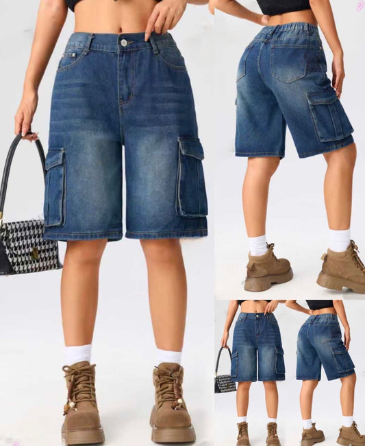 Dark wash pocket long denim jean shorts for women