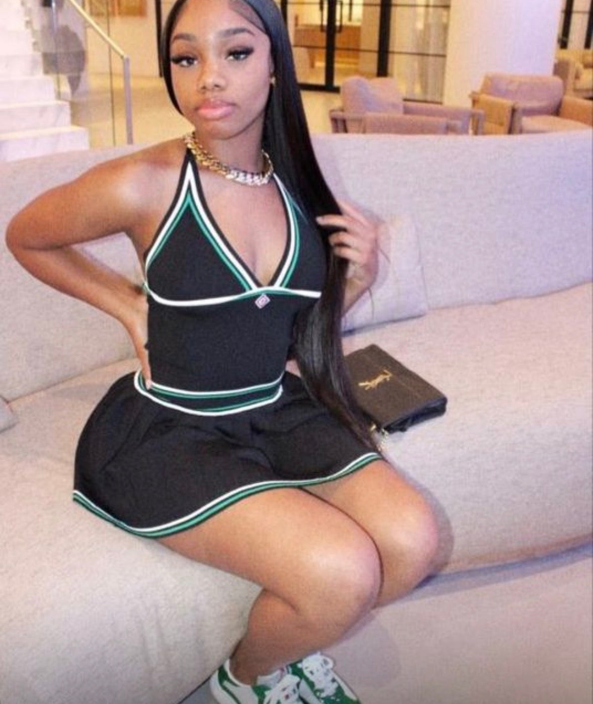 Women’s short black stripe v neck elegant sleeveless dress