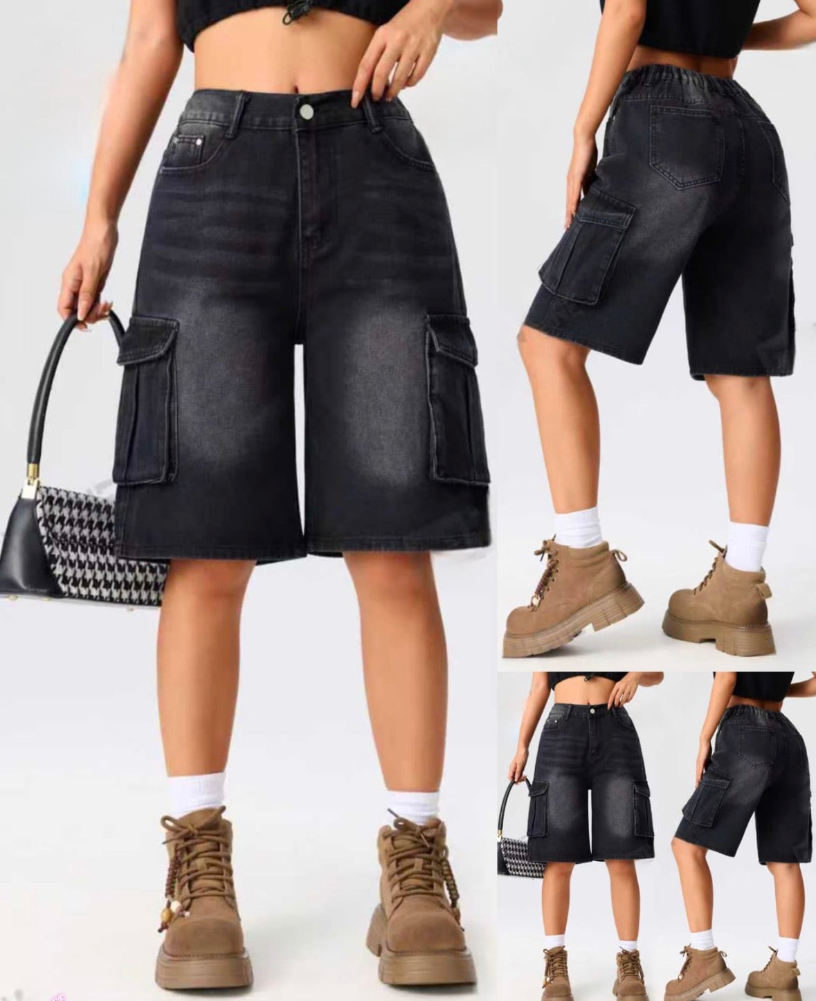 Long dark faded pocket jean short jorts for women