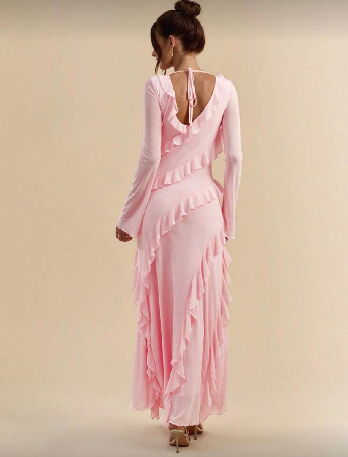 Romantic long backless v neck long sleeve ruffled dress