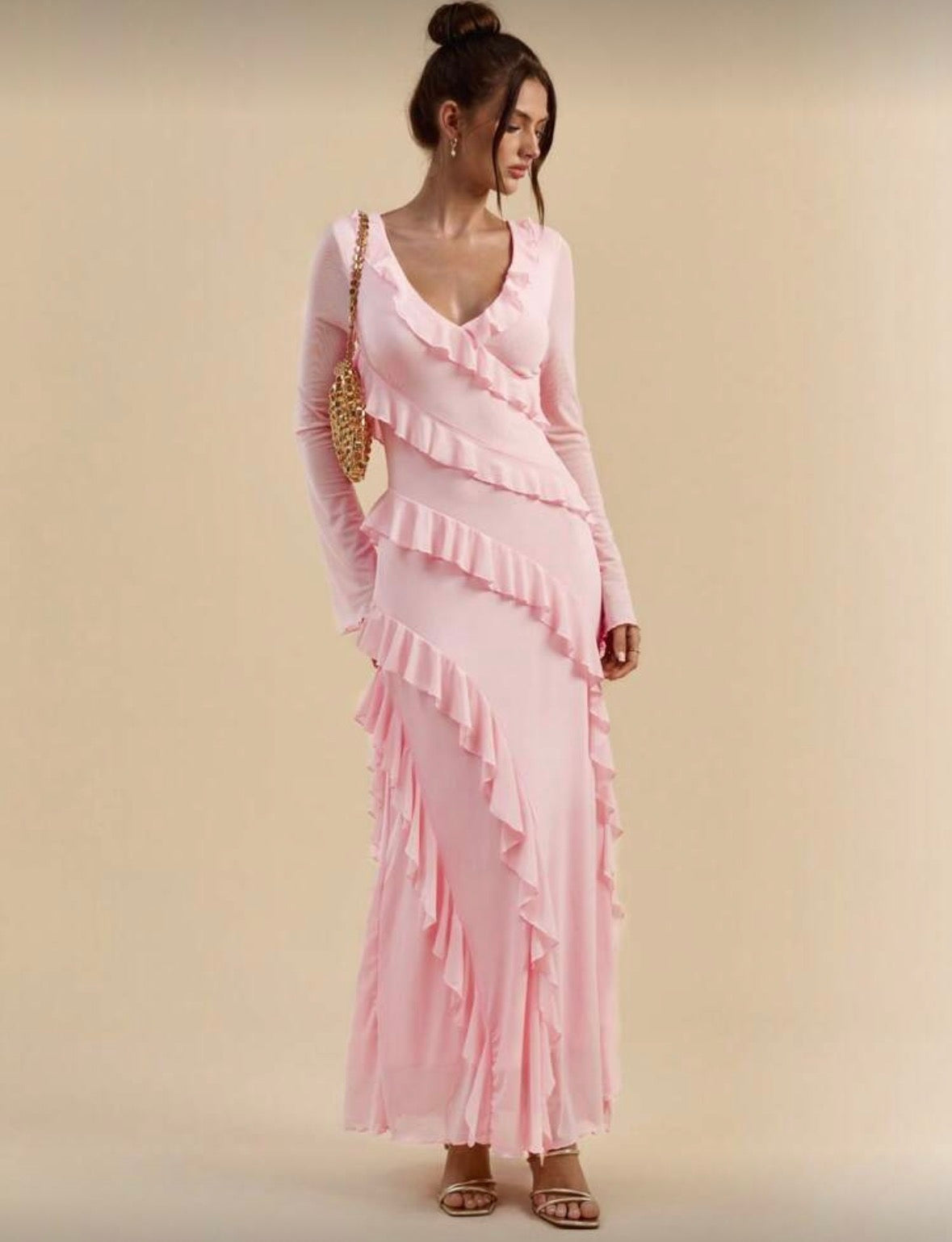 Romantic long backless v neck long sleeve ruffled dress