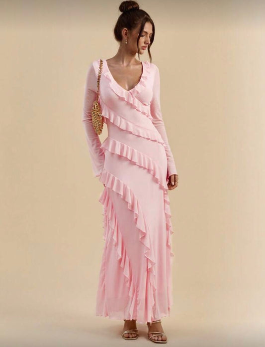 Romantic long backless v neck long sleeve ruffled dress