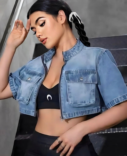 Women’s stylish 2 pocket zip cropped half sleeve denim top jacket