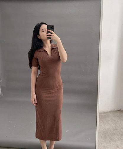 Brown solid colour mid sleeve colour dress for women