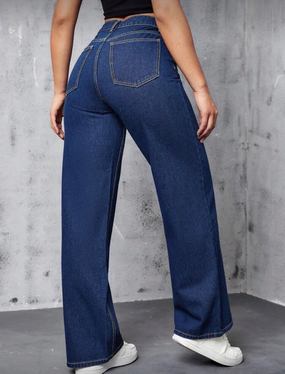 Women’s dark blue denim pocket high waist jeans for women