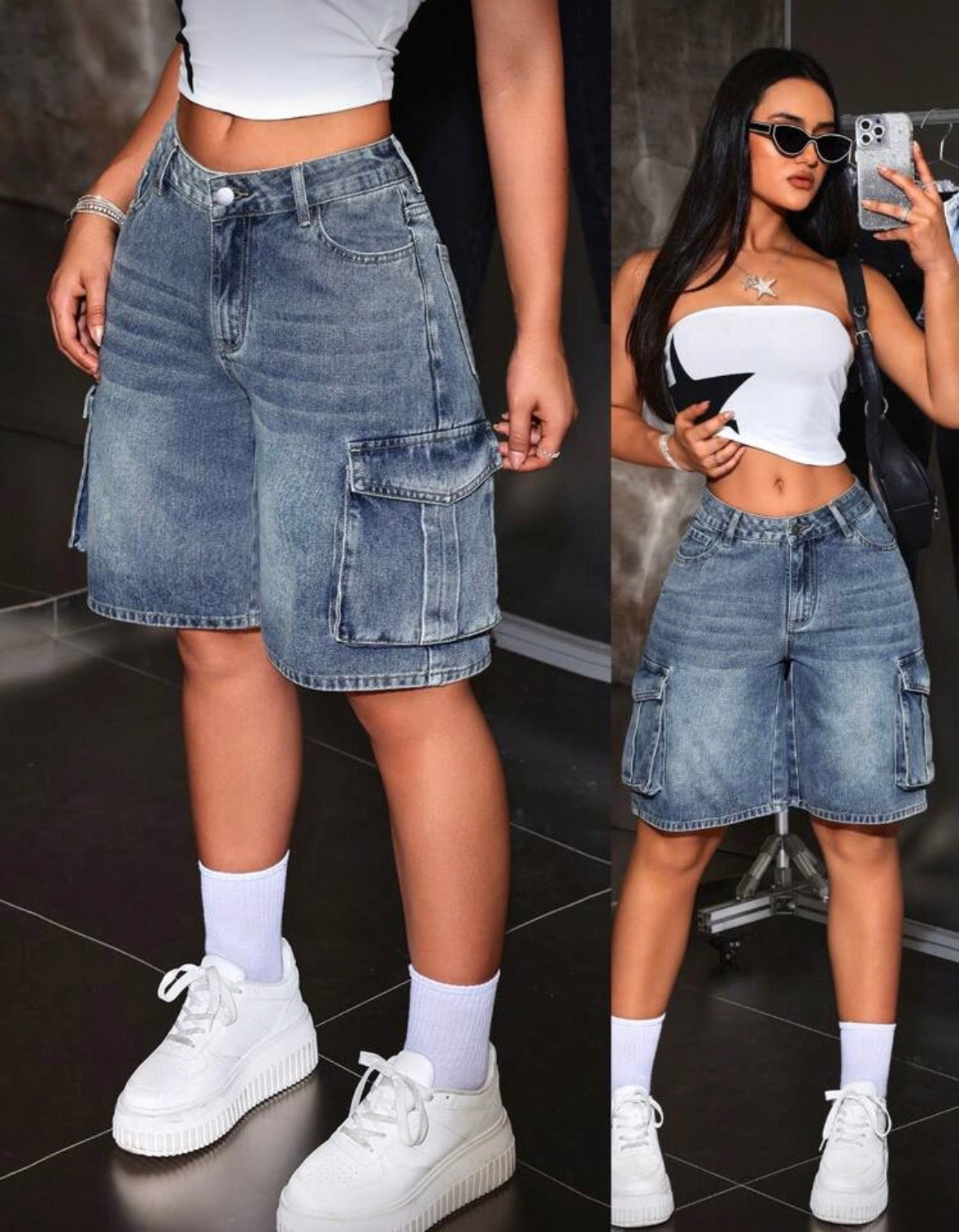 Medium wash women’s street picket denim shorts jorts