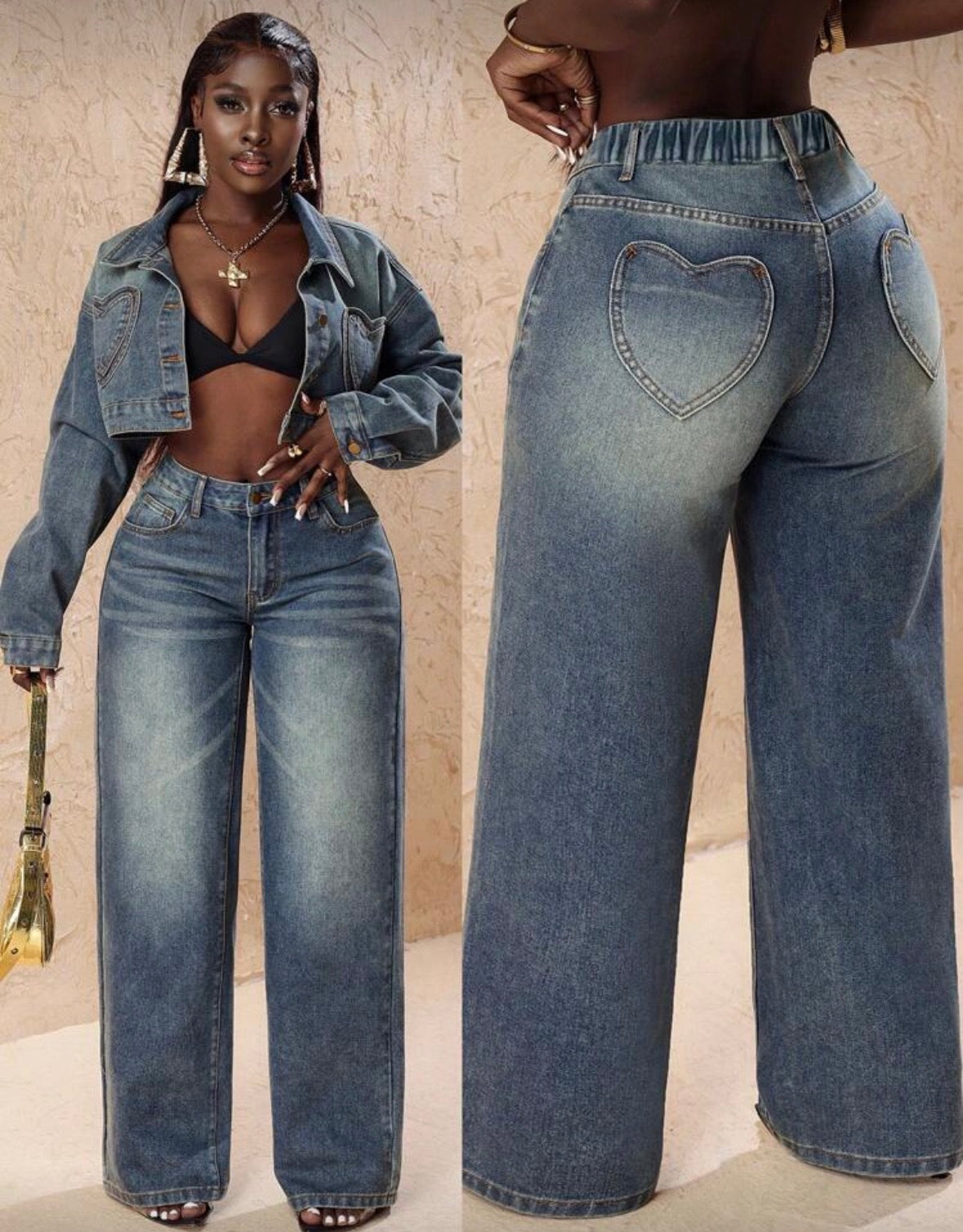 Women’s medium faded heart pocket solid colour loose denim jeans