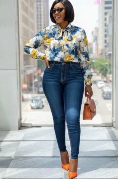 Women’s long sleeve button shirt scarf tie elegant flower design