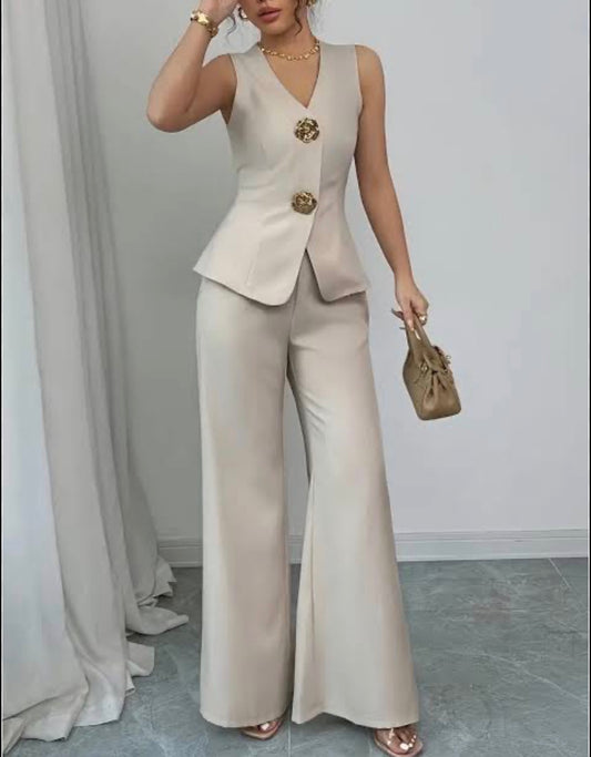 Women’s elegant 2 pc 2 button sleeveless vest and wide leg pants