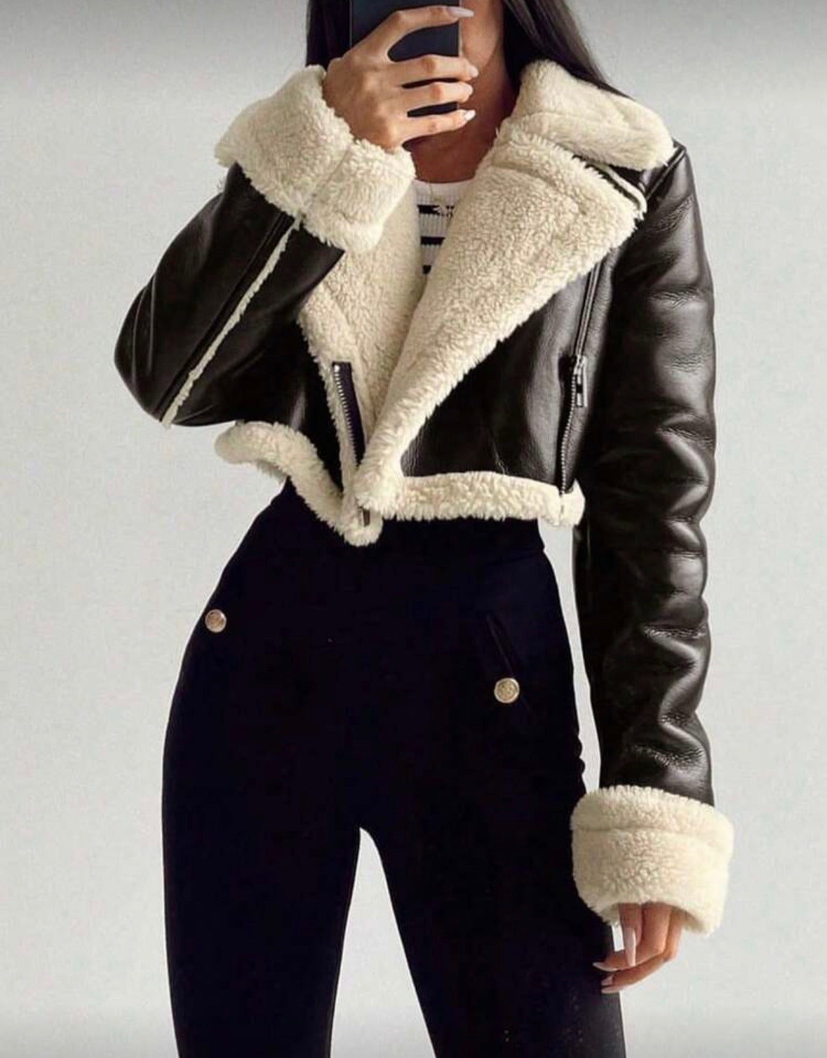 Women’s black fur cropped stylish outerwear winter jacket