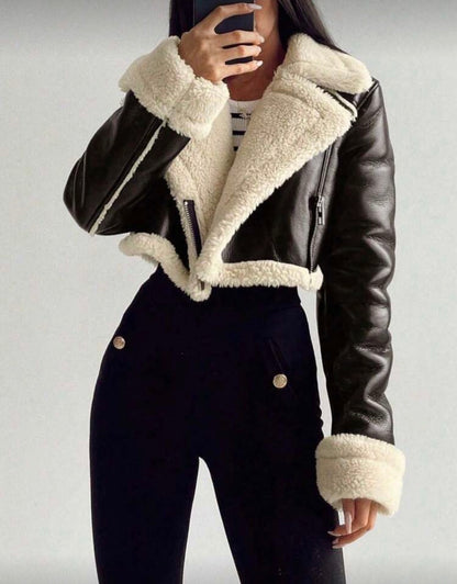 Women’s black fur cropped stylish outerwear winter jacket