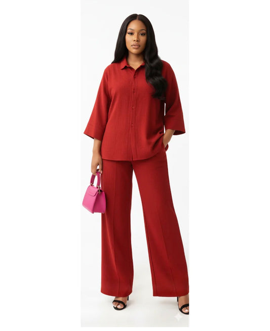 Solid colour 2 pc medium sleeve button shirt and loose pants