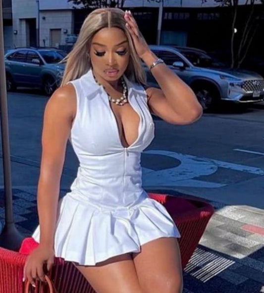 Women’s white short zip up sleeveless solid colour collar dress