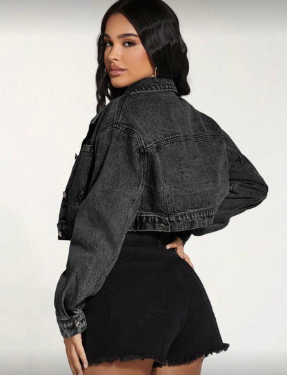 Women's Front Button Long Sleeve Pocket Casual Denim Jacket