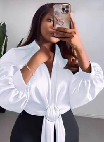 Elegant long sleeve waist tie sophisticated women’s blouse
