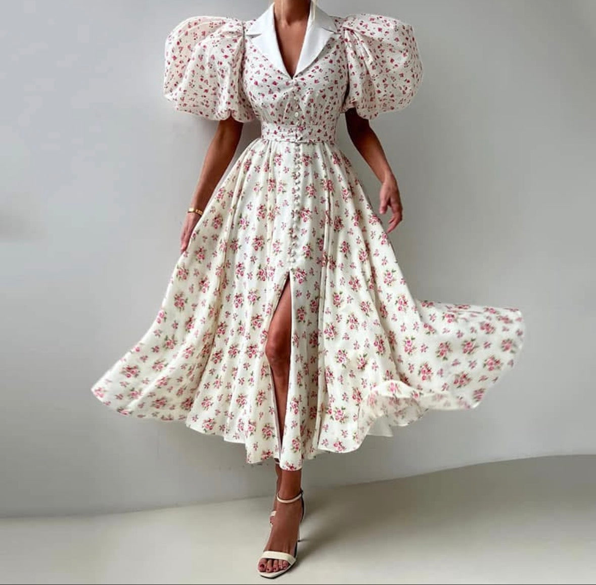 Multi colour floral mid sleeve flower long dress for women