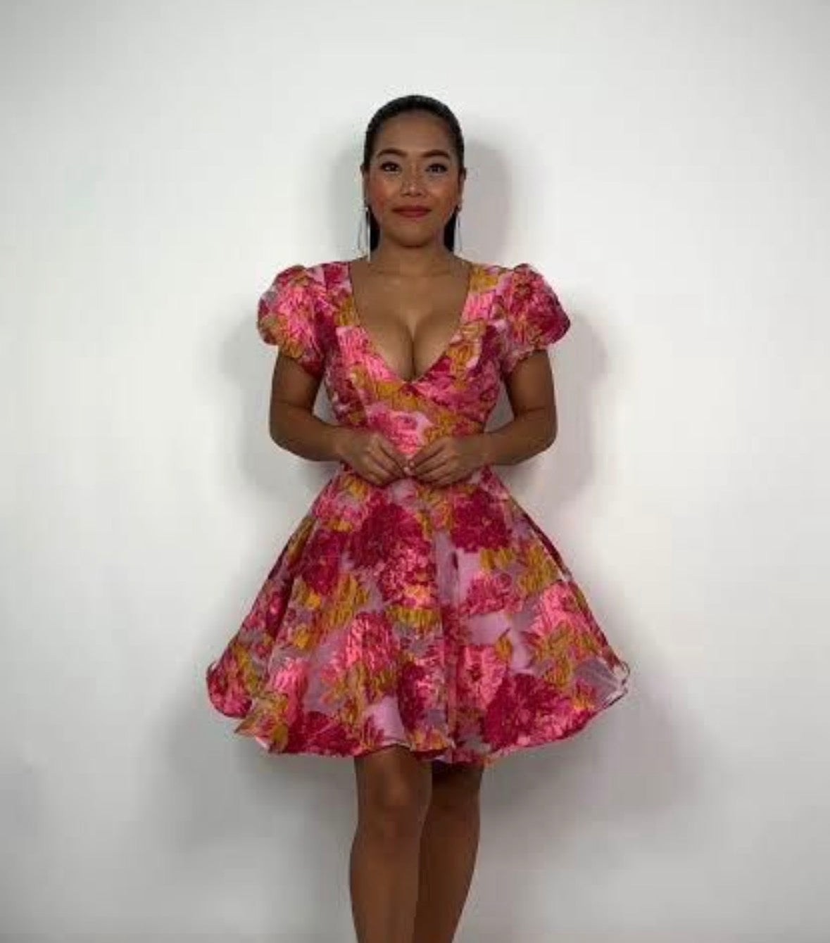 Women’s stylish short open neck quarter sleeve pink dress