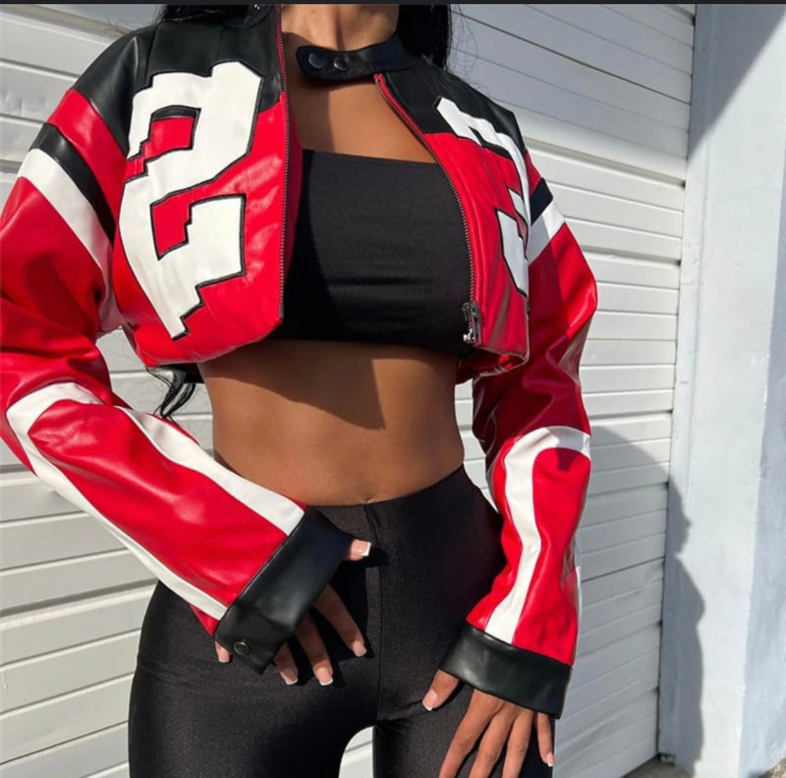 Women’s cropped leather printed graphic stylish fashionable jacket