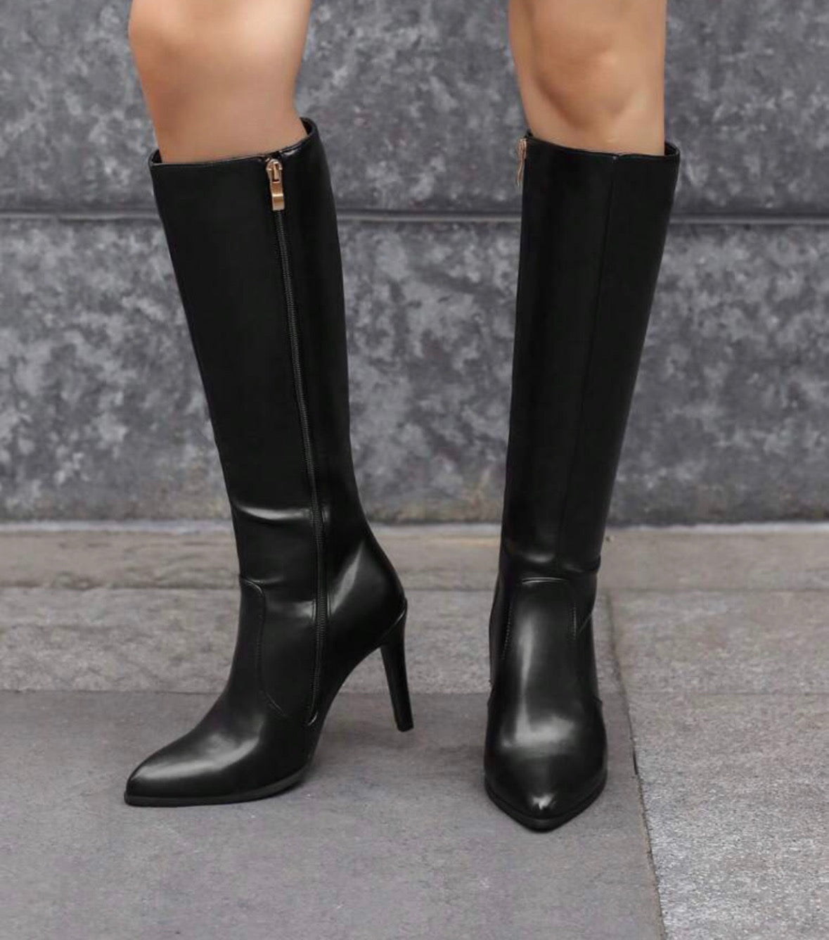 Black Pointed Toe Thigh High Boots With Side Zipper, PU Leather Sock Boots, Basic Women Boots