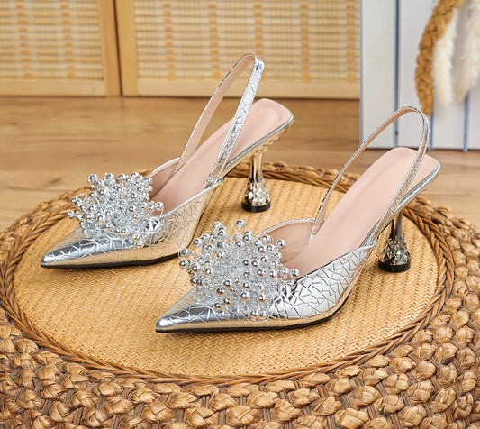 Women’s elegant silver and black sling back metallic bead high end high heels