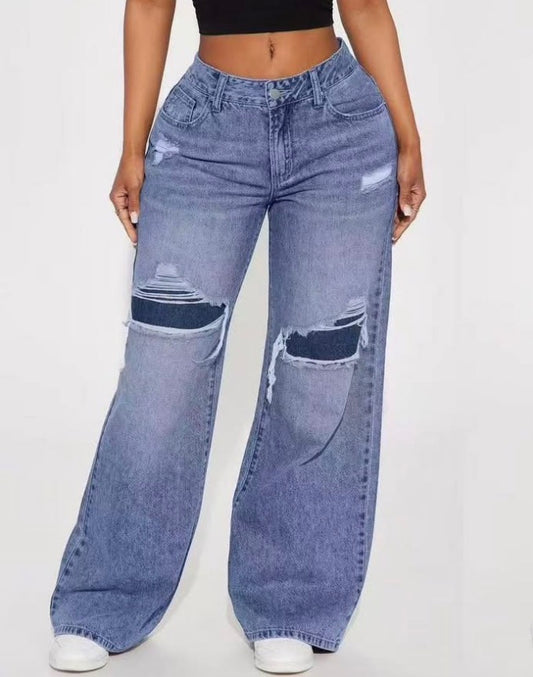 Medium wash ripped blue denim loose pants for women