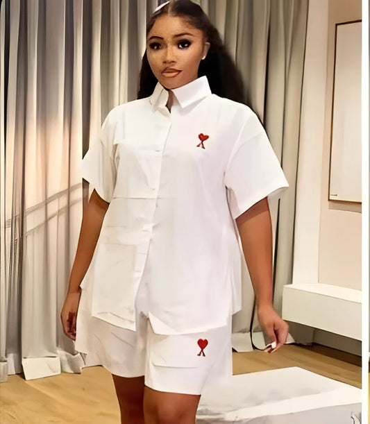 Women’s 2 pc casual button up short sleeve shirt and shorts with unique logo design
