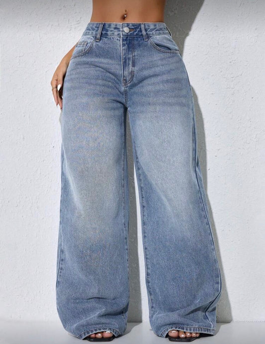 Medium wash sophisticated high waist plain solid colour jeans for women