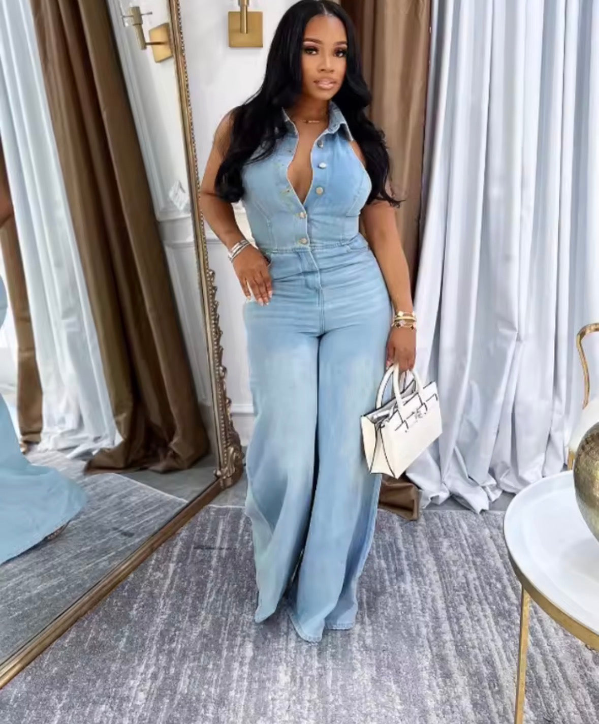 Women’s 2 pc denim vest button up and plain loose jeans