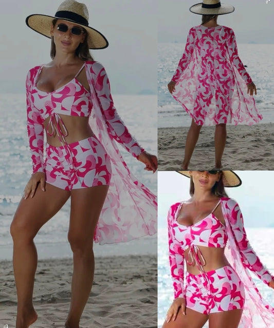 Pink sexy 4pc pink and white mini short bra and coat swimwear