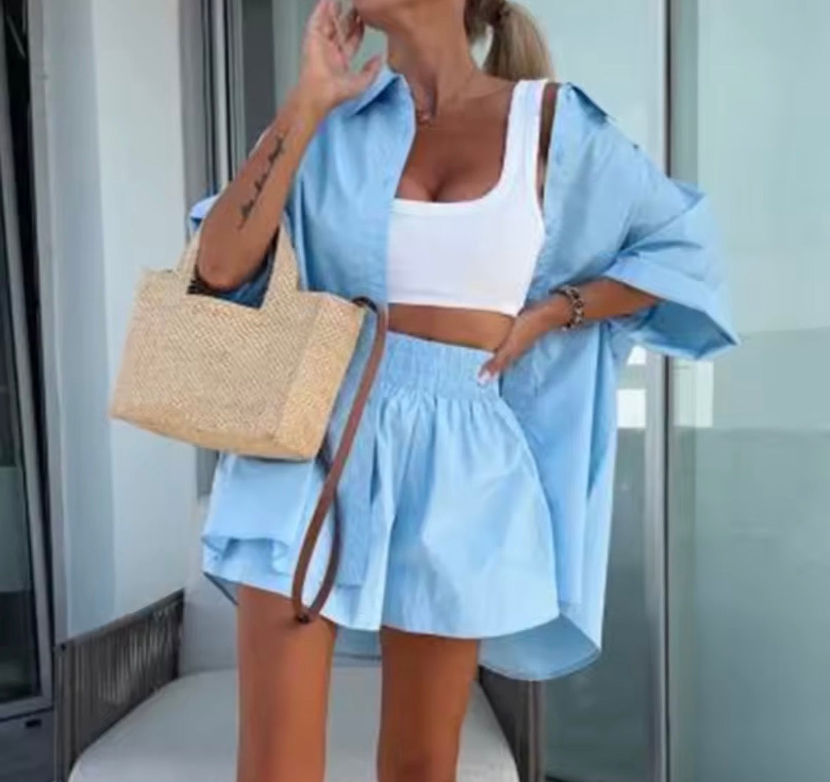 Women’s solid colour 2 pc summer shorts and button shirt