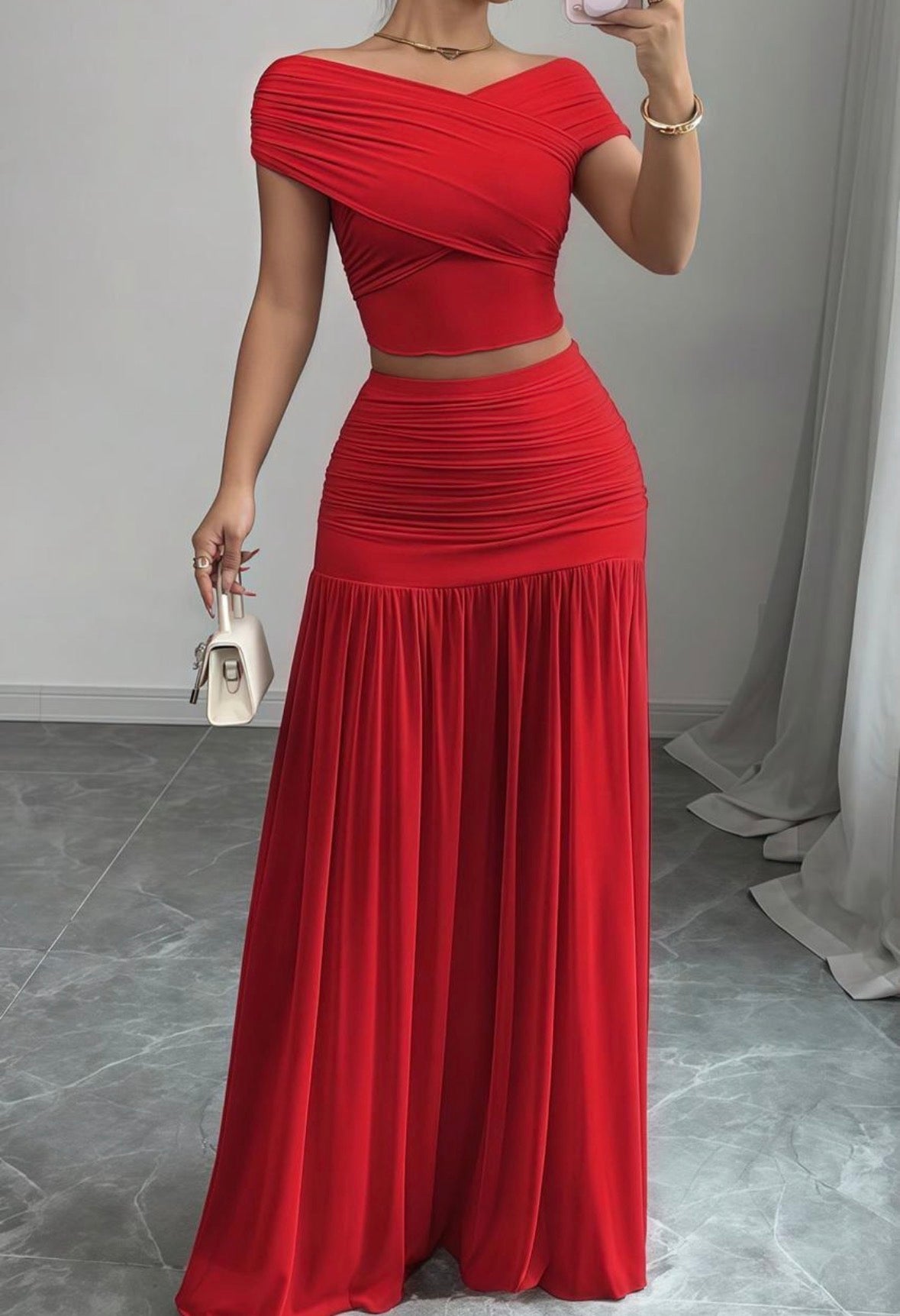 Elegant Women's Solid Color Off Shoulder Cropped Top And Ruffle Hem Mini Skirt 2 Pieces Set