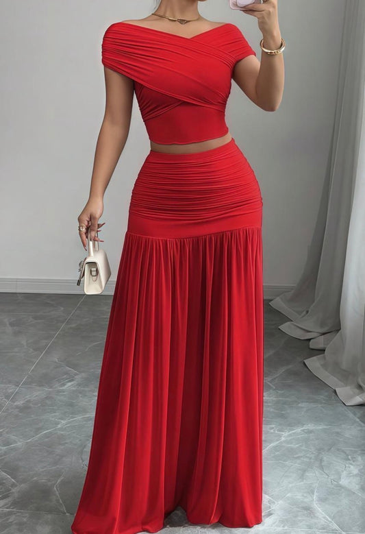 Elegant Women's Solid Color Off Shoulder Cropped Top And Ruffle Hem Mini Skirt 2 Pieces Set