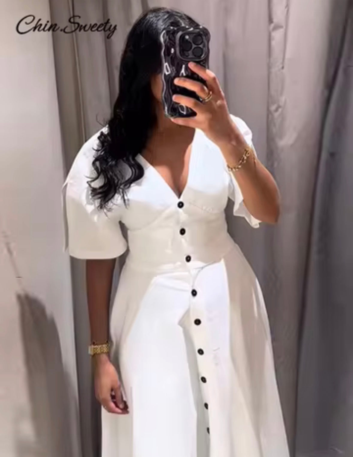 Women’s white button half sleeve long elegant floral dress