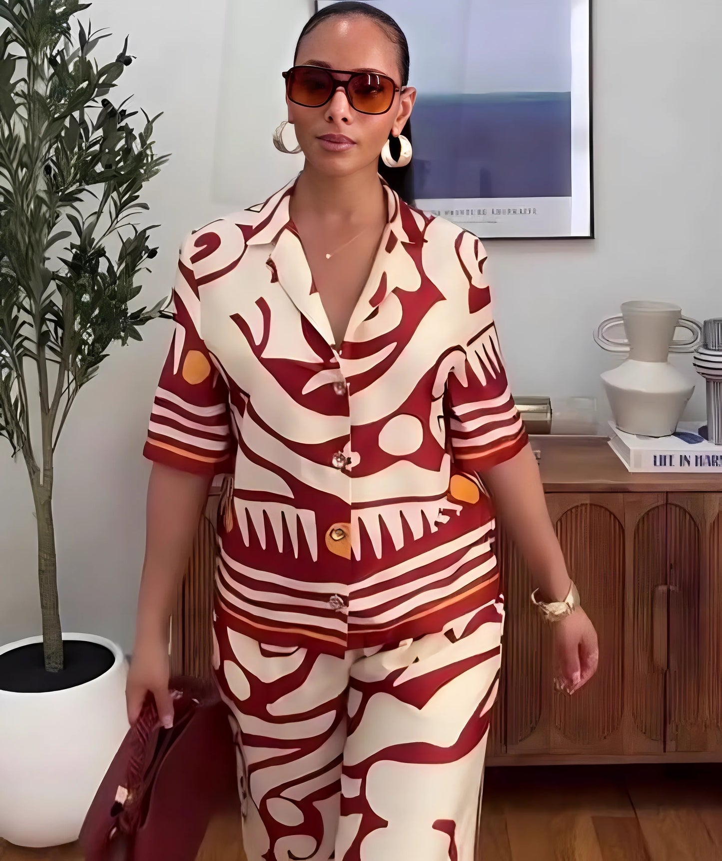 Elegant multi design 2 pc button shirt and loose pants for women