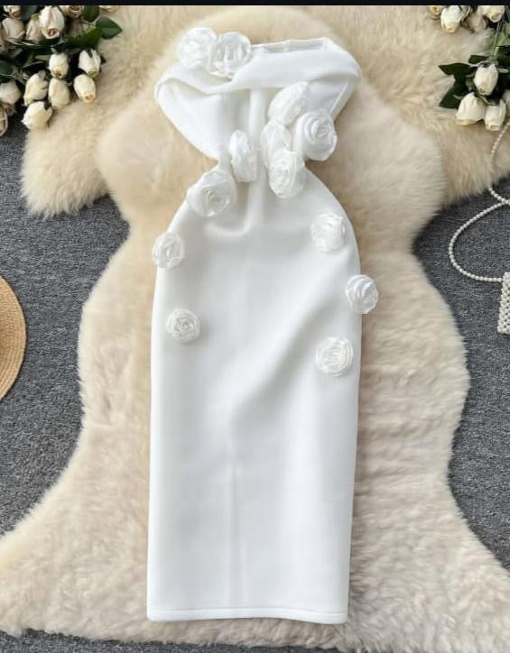 Women’s white flower design sleeveless long patch work dress