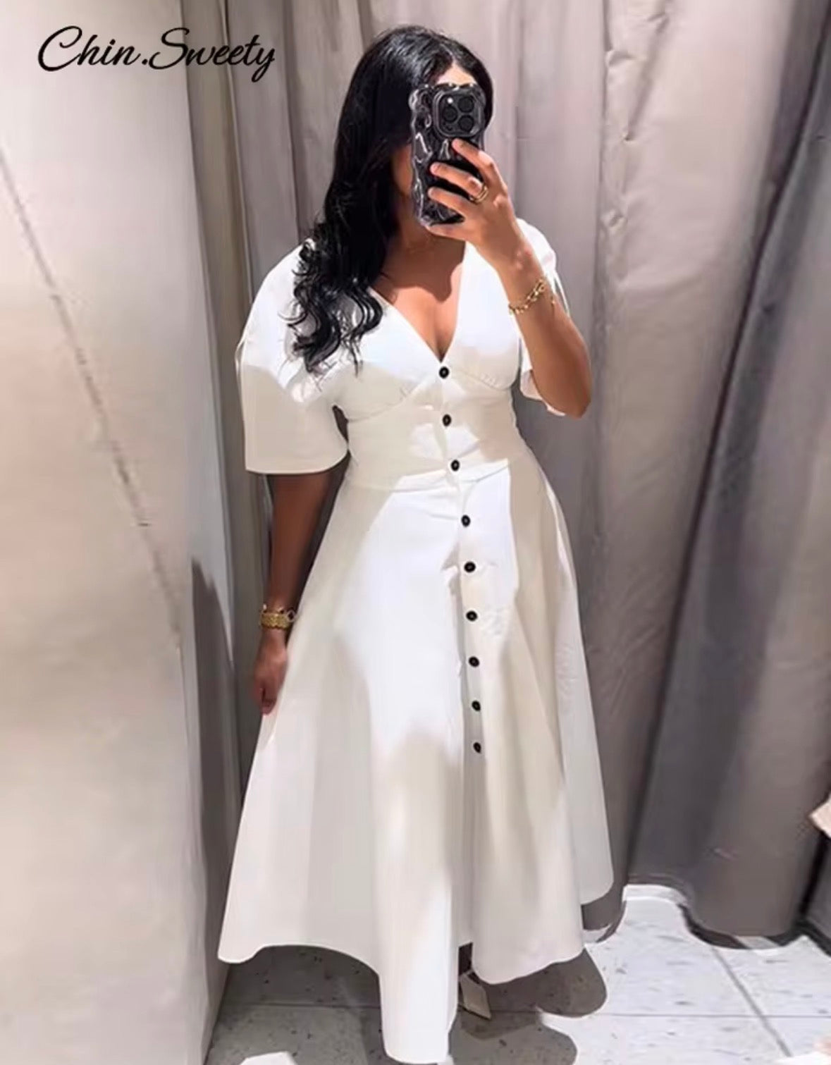 Women’s white button half sleeve long elegant floral dress