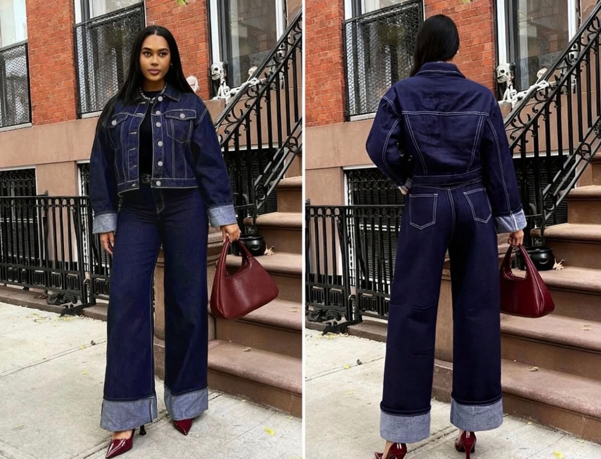 Dark blue denim button jacket and folded loose high waist jeans