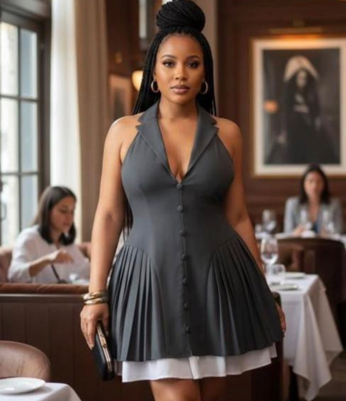 Women’s formal button v neck sleeveless mini dress