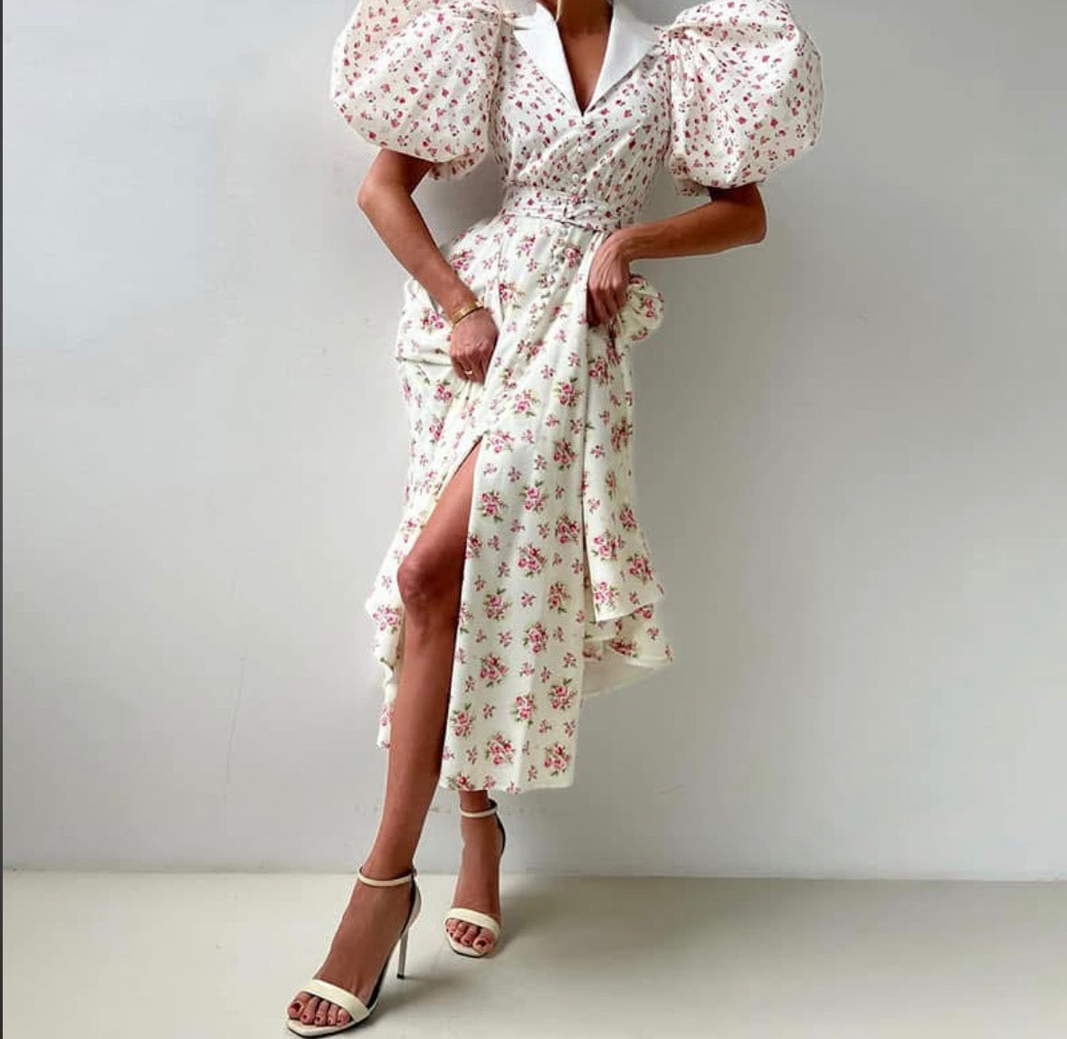 Multi colour floral mid sleeve flower long dress for women