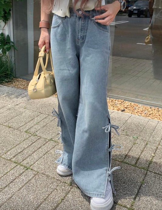 Women's High Waisted Straight Leg Jeans With Bowknot Detail At Ankle,Back To School Clothes