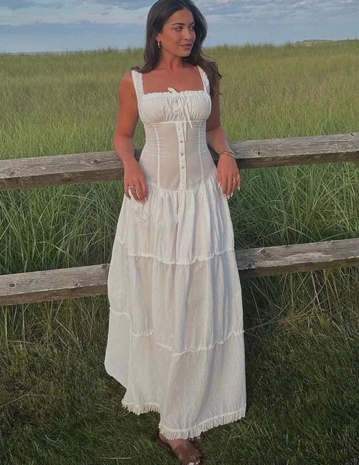 Women’s open chest sleeveless long white see through dress