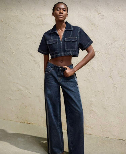 Women’s dark blue denim multi pocket cropped shirt