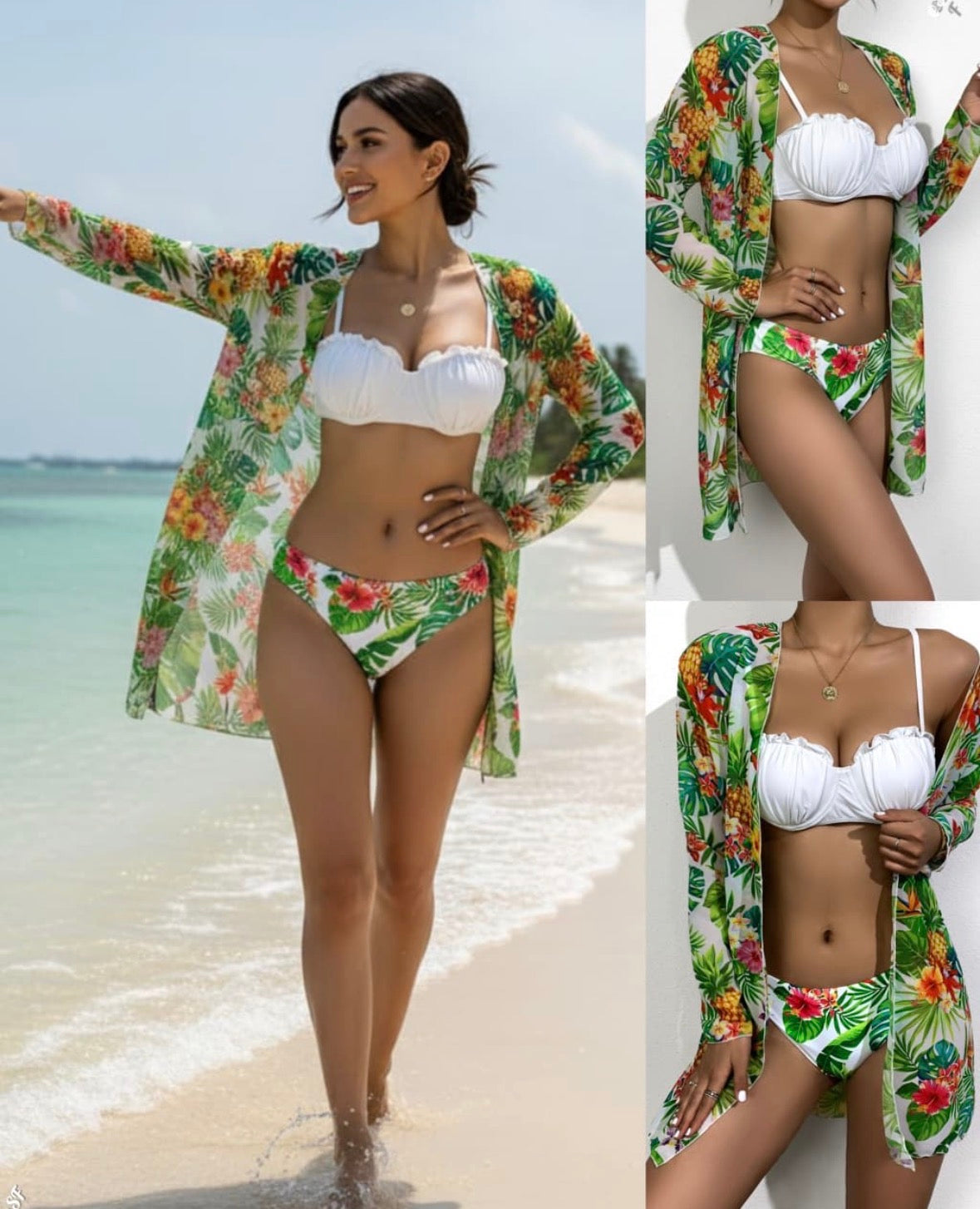 Stunning 3 pc white bikini green coat shirt and panty swimwear for summer